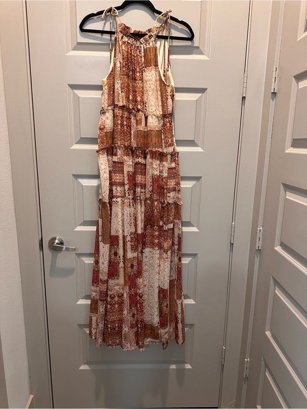 Taylor Patchwork Tiered Maxi Dress in Rust and Cream